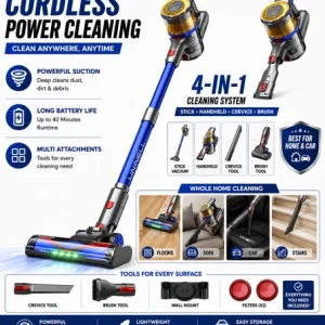 Cordless Vacuum Cleaner 4in1 Stick Handheld 40Min Runtime HEPA Lightweight